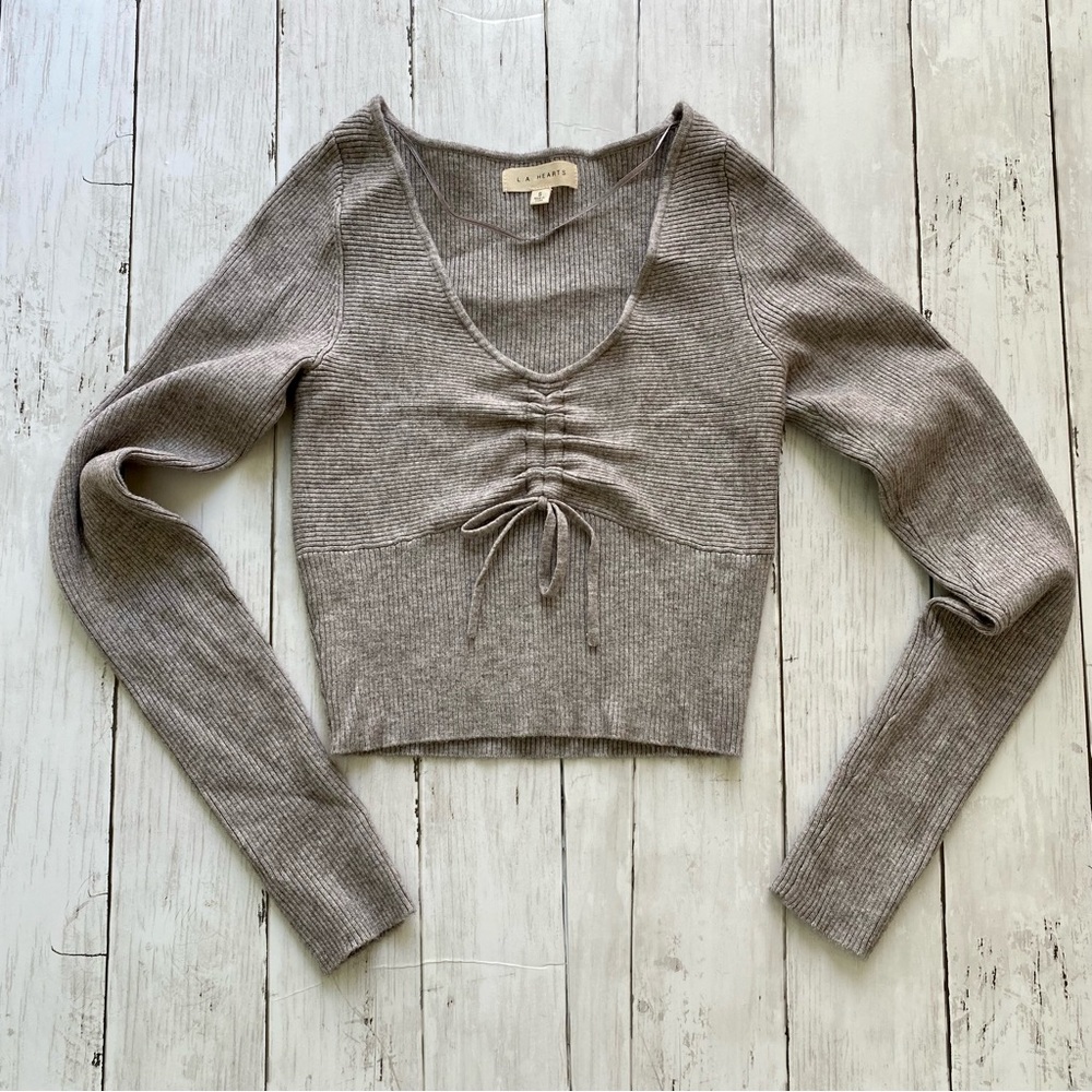 Women’s Cropped Brown Soft Lightweight V Neck Long Sleeve Sweater Top NWOT Sz S